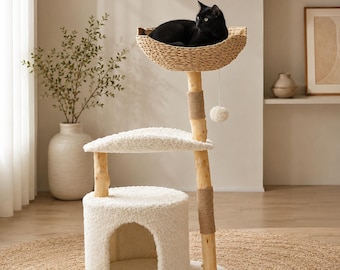 Modern Solid Wood Cat Tree Tower with Wicker Basket Condo Scratching Posts Indoor Cats