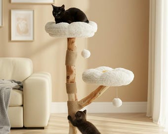 Albero tiragraffi moderno a forma di fiore: torre in legno con posatoi, tiragraffi in sisal e giocattoli.