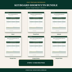 May include: A digital bundle of eight printable keyboard shortcut references for Microsoft and Google Workspace, featuring dark green headers and white backgrounds. The collection includes guides for Excel, PowerPoint, Outlook, Google Docs, Sheets, and Slides.