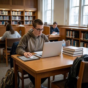 Puede incluir: Una persona con el pelo corto y gafas, vestida con una sudadera beige, está sentada en una mesa de madera en una biblioteca. Utiliza un portátil plateado y un ratón blanco sobre una alfombrilla negra. Hay tres libros y una botella.