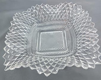 Bol de cristal vintage transparente, excelente, con punta de diamante y borde ondulado cuadrado.
