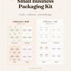 May include: A Small Business Packaging Kit by Craftoria Universe featuring 56 printable pages across 8 styles and 2 collections. Includes thank-you cards, product labels, closing stickers, hang tags, earring cards, care cards, and wrapping paper.