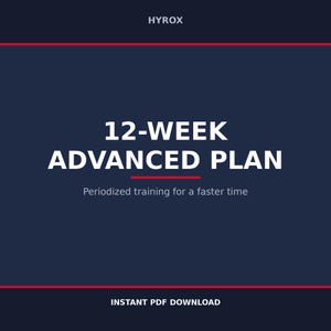 Może przedstawiać: Ciemnoniebieska okładka dokumentu cyfrowego z białym napisem HYROX na górze, po którym następuje 12-WEEK ADVANCED PLAN dużymi białymi literami. Poniżej znajduje się tekst Periodized training for a faster time, a na dole INSTANT PDF DOWNLOAD.