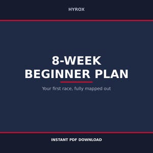 May include: A dark blue digital document with red horizontal lines at the top and bottom. The text reads HYROX, 8-WEEK BEGINNER PLAN, Your first race, fully mapped out, and INSTANT PDF DOWNLOAD in white, bold, and standard sans-serif fonts.