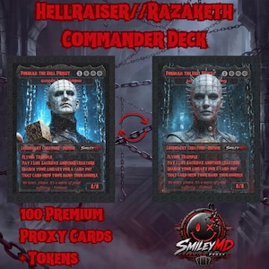 May include: Two Pinhead the Hell Priest trading cards featuring a pale, pin-covered figure with dark clothing. The cards display the text Flying, Trample, Pay 2 Life, Sacrifice another creature, Search your library for a card, put that card into your hand then shuffle, and 8/8.