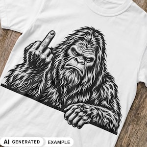 May include: A white t-shirt featuring a black and white graphic illustration of a hairy gorilla with a stern expression. The gorilla is depicted from the chest up, with one hand raised showing a middle finger gesture and the other hand resting.