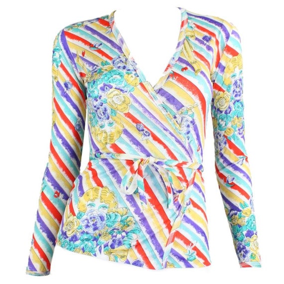 1970's Wrap Top with Figural Print in Bold Hues Vi