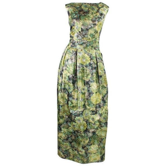 1960's Gown Green Floral Jacquard Lamé Vintage