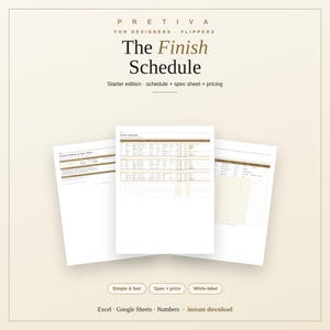May include: A digital document template titled The Finish Schedule for Designers and Flippers, featuring a starter edition with a schedule, spec sheet, and pricing. The layout includes three white pages with tables, text, and grid lines for Excel, Google Sheets, and Numbers.