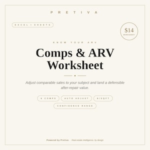 May include: A digital worksheet titled Comps & ARV Worksheet by Pretiva, featuring text fields for Excel + Sheets, Know Your ARV, 6 Comps, Auto Adjust, $/SqFt, and Confidence Range. The design uses a cream background with black and gold text.