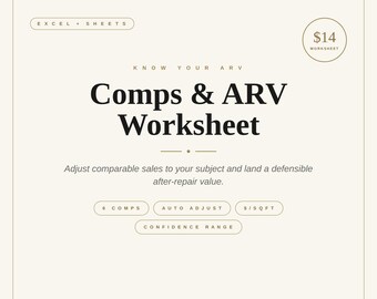 Real Estate Comps & ARV Worksheet | After Repair Value Calculator | House Flip BRRRR Wholesale Deal Analysis | Excel Google Sheets