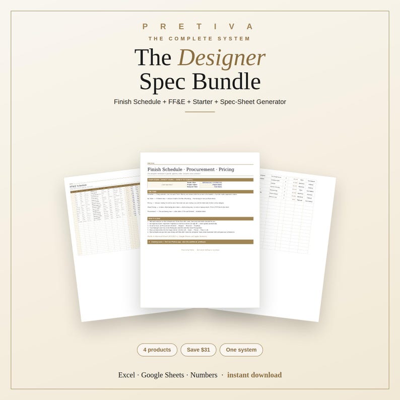 Puede incluir: El Pretiva Designer Spec Bundle incluye un programa de acabados, FF&E, un iniciador y un generador de hojas de especificaciones. Los documentos digitales presentan tablas y texto para adquisiciones y precios, compatibles con Excel, Google Sheets y Numbers.