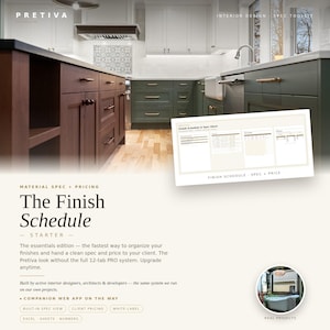 May include: A digital product titled The Finish Schedule Starter by Pretiva, featuring a kitchen interior design spec toolkit. The layout includes text, a preview of a spreadsheet document, and a small circular image of a bathtub in a room.