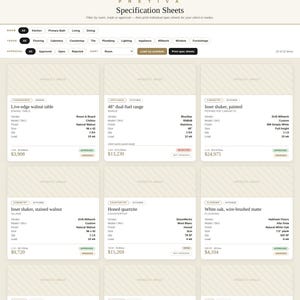 May include: A digital interface titled Pretiva Specification Sheets displaying a grid of product cards. Each card contains text details for items like a live-edge walnut table, a 48-inch dual-fuel range, cabinetry, quartzite, and white oak flooring.