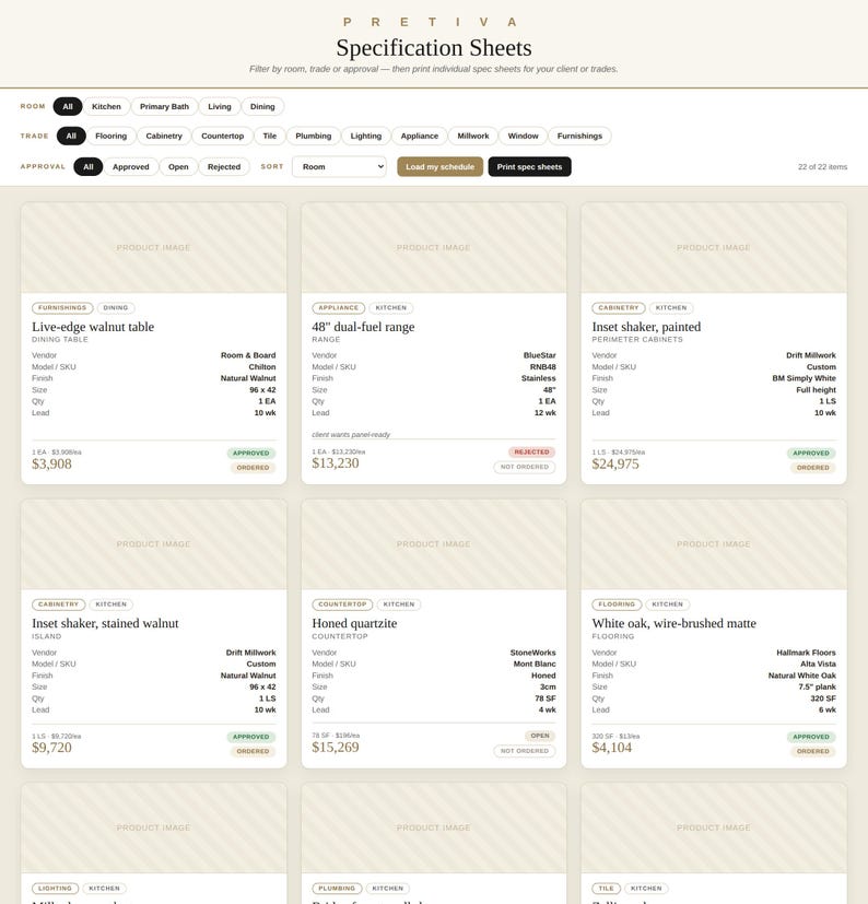 May include: A digital interface titled Pretiva Specification Sheets displaying a grid of product cards. Each card contains text details for items like a live-edge walnut table, a 48-inch dual-fuel range, cabinetry, quartzite, and white oak flooring.