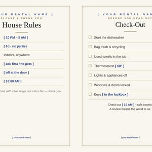 Op de afbeelding: Een set van vier beige informatieborden voor huurwoningen. De borden bevatten donkere tekst met secties voor wifi-gegevens, huisregels, uitcheckprocedures en welkomstinformatie, inclusief tijdelijke aanduidingen voor netwerknamen en wachtwoorden.