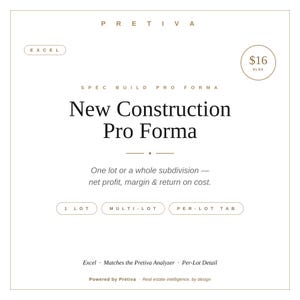 May include: A digital document titled New Construction Pro Forma by Pretiva. The text includes Excel, Spec Build Pro Forma, One lot or a whole subdivision, net profit, margin & return on cost, 1 Lot, Multi-Lot, Per-Lot Tab, and real estate intelligence.