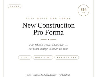 New Construction Pro Forma | Spec Home Builder Spreadsheet | Real Estate Development Calculator | Subdivision Feasibility Excel