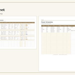 May include: A digital document titled Pretiva Finish Schedule & Spec Sheet, The essentials edition. It displays four white pages with brown headers and tables, including a Finish Schedule, Paint Schedule, and a Summary page with financial data.
