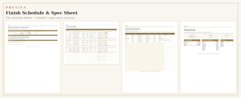 May include: A digital document titled Pretiva Finish Schedule & Spec Sheet, The essentials edition. It displays four white pages with brown headers and tables, including a Finish Schedule, Paint Schedule, and a Summary page with financial data.