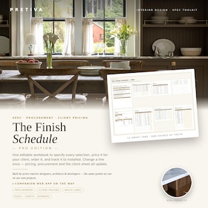May include: The Finish Schedule Pro Edition is an editable workbook for interior design and procurement. It features 12 smart tabs, a spec toolkit, and client pricing tools. The document includes text, charts, and tables for project tracking.
