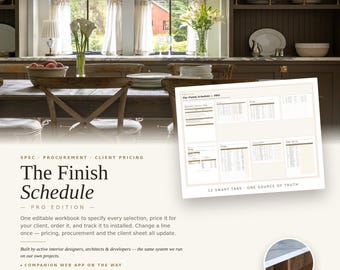 Interior Design Finish Schedule Template | Spec Sheet, Procurement, Client Pricing | FF&E Excel for Designers, Stagers, Flippers