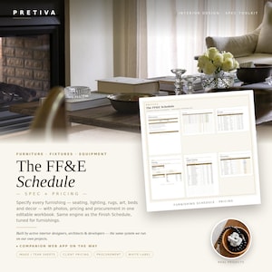 May include: A digital product page for the Pretiva FF&E Schedule, featuring a white document with tables labeled The FF&E Schedule, Spec + Pricing, and Furnishing Schedule. The page includes text describing a workbook for interior design specifications.