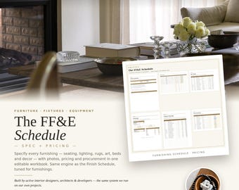 FF&E Schedule Template | Furniture, Fixtures, Equipment Spec + Pricing for Interior Designers, Stagers | Editable Excel