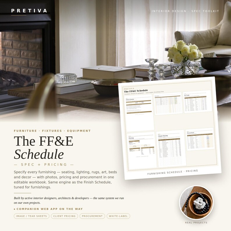 Może przedstawiać: Cyfrowa strona produktu dla Pretiva FF&E Schedule, zawierająca biały dokument z tabelami oznaczonymi jako The FF&E Schedule, Spec + Pricing oraz Furnishing Schedule. Strona zawiera tekst opisujący skoroszyt do specyfikacji projekt&oacute;w wnętrz.