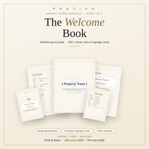 Op de afbeelding: Een digitale sjablonenset getiteld Pretiva Short-Term Rental Host Kit, The Welcome Book. Bevat een gids van 8 pagina's, 4 ingelijste informatiekaarten en bewerkbare velden voor de naam van het pand, WiFi-gegevens, huisregels en lokale gids.