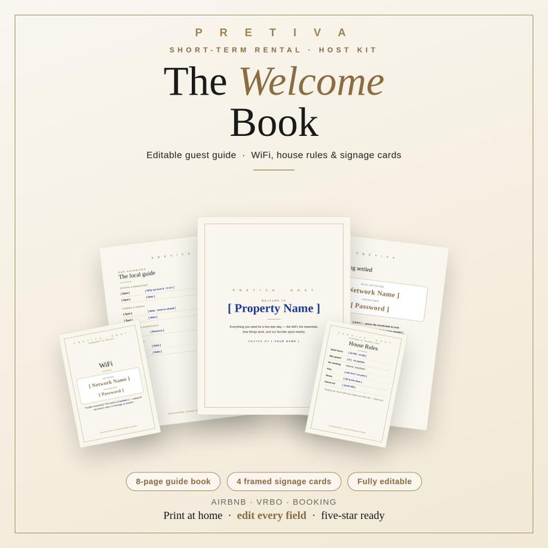 Op de afbeelding: Een digitale sjablonenset getiteld Pretiva Short-Term Rental Host Kit, The Welcome Book. Bevat een gids van 8 pagina's, 4 ingelijste informatiekaarten en bewerkbare velden voor de naam van het pand, WiFi-gegevens, huisregels en lokale gids.