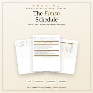 May include: A digital spreadsheet template titled The Finish Schedule by Pretiva for designers, stagers, and flippers. The document includes sections for procurement and pricing, featuring 12 tabs compatible with Excel, Google Sheets, and Numbers.