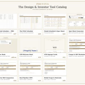 Puede incluir: Un cat&aacute;logo digital titulado Pretiva The Design & Investor Tool Catalog que presenta once plantillas de hojas de c&aacute;lculo distintas para proyectos inmobiliarios, incluyendo Finish Schedule, FF&E Schedule, Spec-Sheet Generator, Live Spec Book y varias hojas de trabajo.
