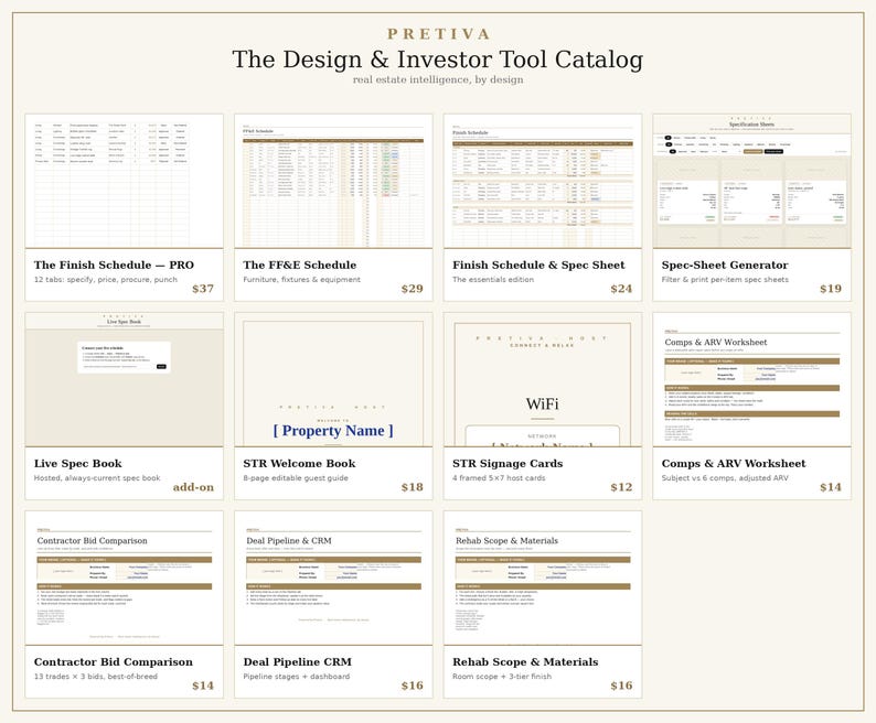 Puede incluir: Un cat&aacute;logo digital titulado Pretiva The Design & Investor Tool Catalog que presenta once plantillas de hojas de c&aacute;lculo distintas para proyectos inmobiliarios, incluyendo Finish Schedule, FF&E Schedule, Spec-Sheet Generator, Live Spec Book y varias hojas de trabajo.