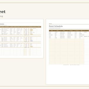 Puede incluir: Un documento digital titulado Finish Schedule & Spec Sheet de Pretiva, que presenta cuatro p&aacute;ginas distintas. El dise&ntilde;o incluye un Finish Schedule, un Paint Schedule y una p&aacute;gina Summary con tablas, columnas y filas.