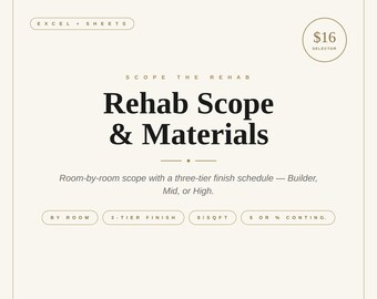 Rehab Scope and Materials Selector | Renovation Budget by Room | 3-Tier Finish Schedule | House Flip Rehab Estimator Excel Sheets