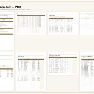 Puede incluir: Una plantilla de hoja de c&aacute;lculo digital titulada The Finish Schedule - PRO, que cuenta con 12 pesta&ntilde;as para la gesti&oacute;n de proyectos. El dise&ntilde;o incluye tablas para adquisiciones, precios y registros comerciales con encabezados marrones y celdas blancas.