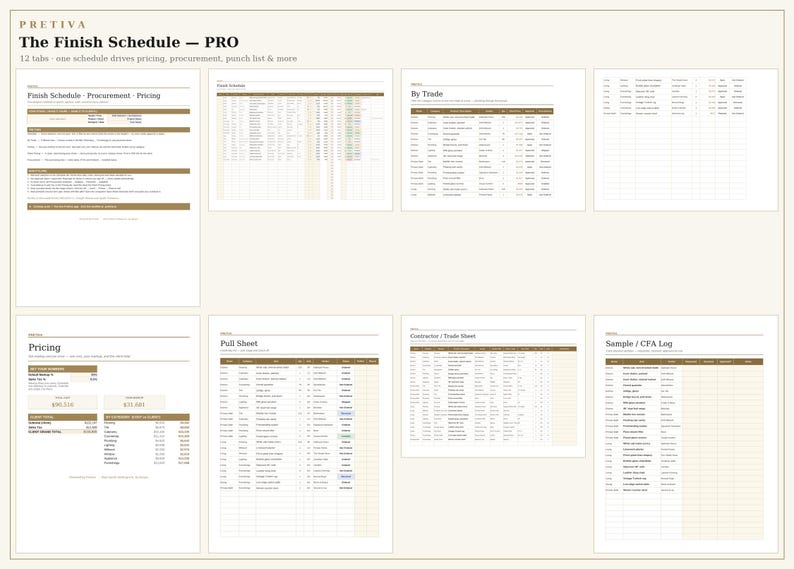 Puede incluir: Una plantilla de hoja de c&aacute;lculo digital titulada The Finish Schedule - PRO, que cuenta con 12 pesta&ntilde;as para la gesti&oacute;n de proyectos. El dise&ntilde;o incluye tablas para adquisiciones, precios y registros comerciales con encabezados marrones y celdas blancas.