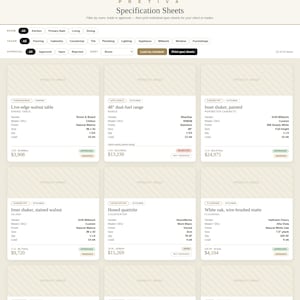 Puede incluir: Una interfaz digital titulada Pretiva Specification Sheets que muestra una cuadr&iacute;cula de tarjetas de productos. Cada tarjeta contiene detalles de texto para art&iacute;culos como una mesa de nogal, una cocina de 48 pulgadas, gabinetes y suelos.