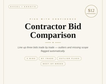 Contractor Bid Comparison Spreadsheet | Renovation Estimate Tracker | Compare 3 Bids by Trade | House Flip Rehab Excel Google Sheets