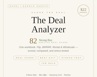 Real Estate Deal Analyzer Spreadsheet | Flip, BRRRR, Rental Calculator (Excel, Google Sheets)