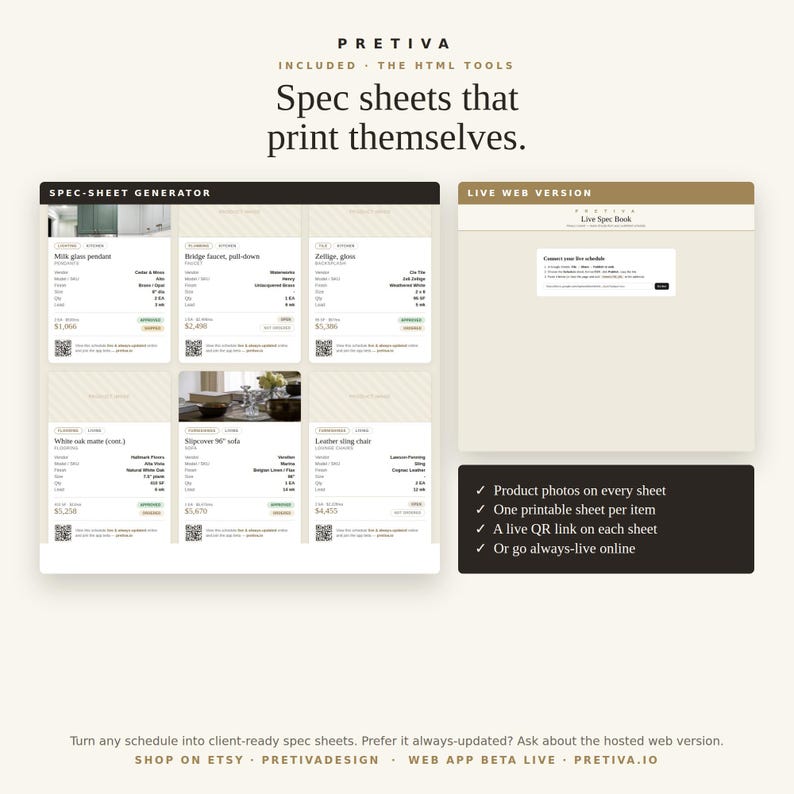 May include: A digital interface display titled Pretiva Spec sheets that print themselves. It features a spec-sheet generator with six product cards, a live web version panel, and a list of features including product photos and QR links.