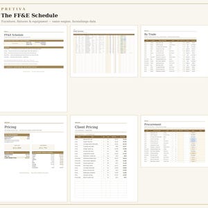 Puede incluir: Una plantilla de documento digital titulada The FF&E Schedule que presenta varias p&aacute;ginas de hojas de c&aacute;lculo para mobiliario, accesorios y equipamiento. El dise&ntilde;o incluye secciones para precios, precios al cliente y adquisiciones con tablas organizadas.