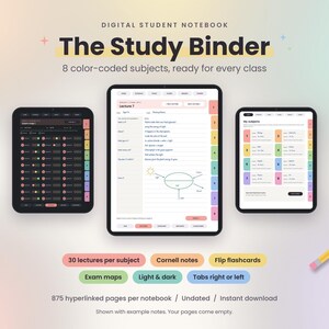 Goodnotes Notebook, Undated Digital Student Binder with Color-Coded Tabs and Cornell Notes
