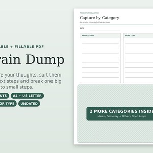 Op de afbeelding: Een printbare en invulbare PDF brain dump planner pagina met de titel Capture by Category. Het bevat secties voor Work/Study en Home/Life, met een groot onderste gedeelte gelabeld 2 More Categories Inside voor Ideas, Someday, Other en Open Loops.