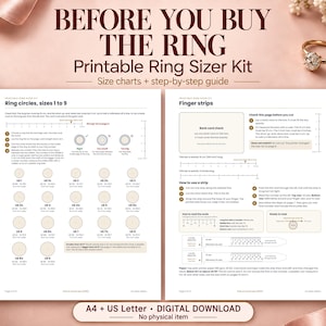 Puede incluir: Un kit de medidor de anillos imprimible con dos páginas blancas, texto en negro, diagramas e instrucciones para medir el tamaño del dedo. El documento incluye círculos de tallas del 1 al 9, tiras para dedos y una guía de verificación.