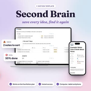 May include: A digital Notion template titled Second Brain, save every idea, find it again, displayed on a laptop and smartphone screen. Includes icons of a brain, lightbulb, and books, with text labels for inbox notes and goal progress.