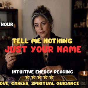 May include: A person in a black top holding a tarot card with text reading SAME HOUR, TELL ME NOTHING JUST YOUR NAME, INTUITIVE ENERGY READING, LOVE, CAREER, SPIRITUAL GUIDANCE, and five gold stars. Crystals and a lit candle are on the table.