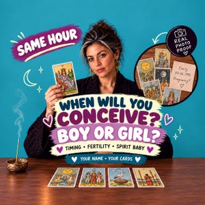 以下が含まれることがあります： タロットカード占いサービスの広告。SAME HOUR、WHEN WILL YOU CONCEIVE? BOY OR GIRL?、TIMING、FERTILITY、SPIRIT BABY、YOUR NAME、YOUR CARDS、REAL PHOTO PROOF、Emily 07.06.1991 Pregnancy?というテキストが記載されています。