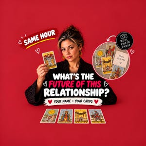 May include: A person in a black top holding a tarot card against a red background with text that reads SAME HOUR, WHAT'S THE FUTURE OF THIS RELATIONSHIP?, YOUR NAME • YOUR CARDS, and a circular inset showing tarot cards and a note with Maria 20.10.1982.
